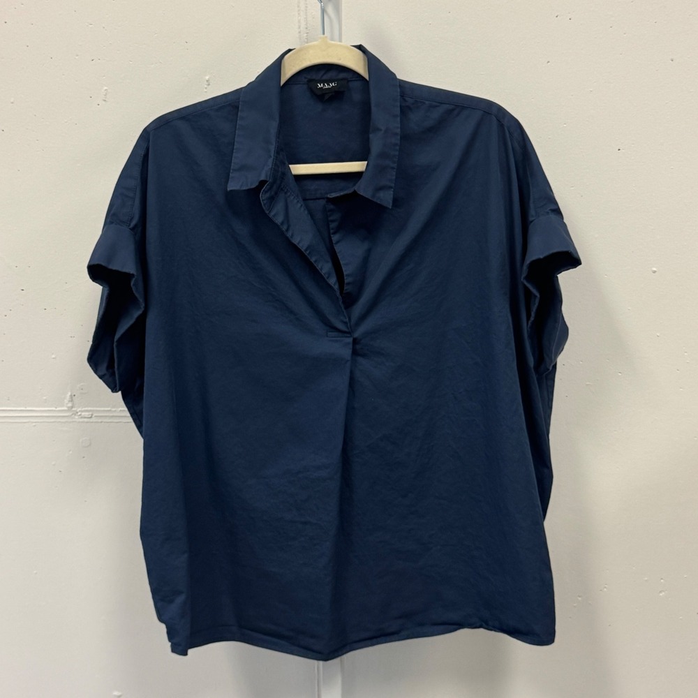 MAAC London Womens Navy Blue 100% Cotton Short Sleeve Oversized Blouse Top Large